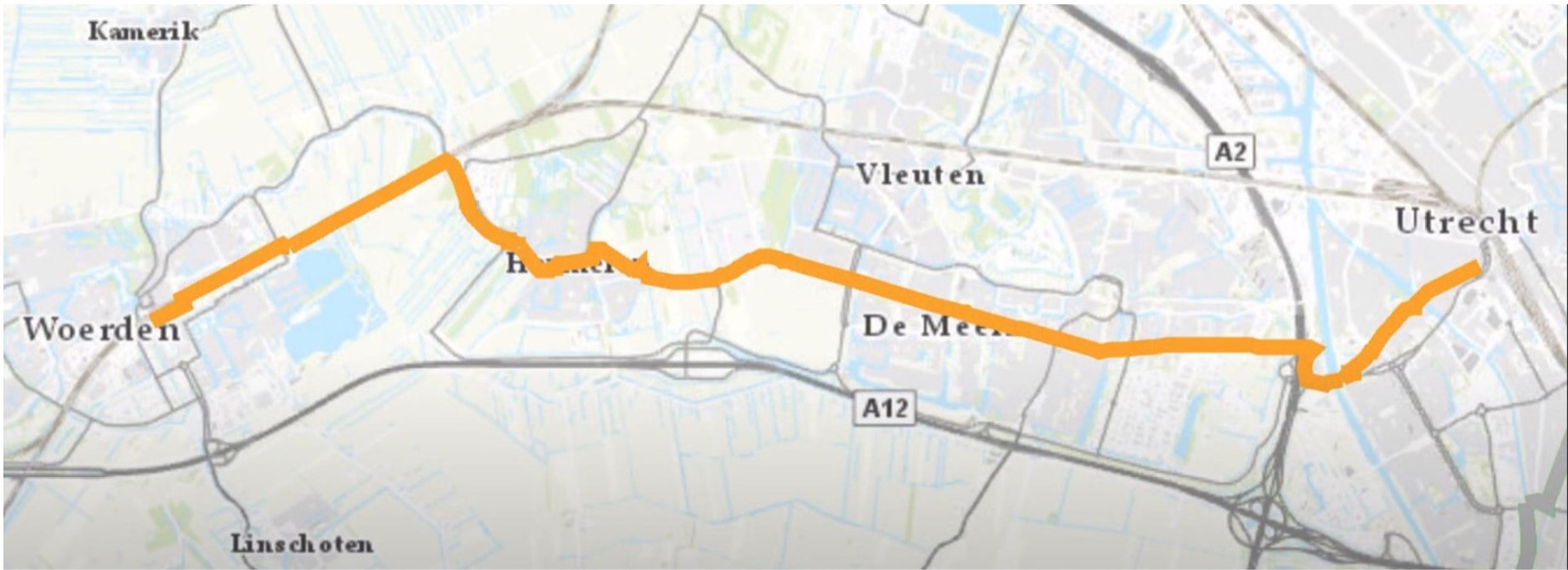 op deze afbeelding ziet u het traject van de snelfietsroute tussen Woerden en Utrecht
