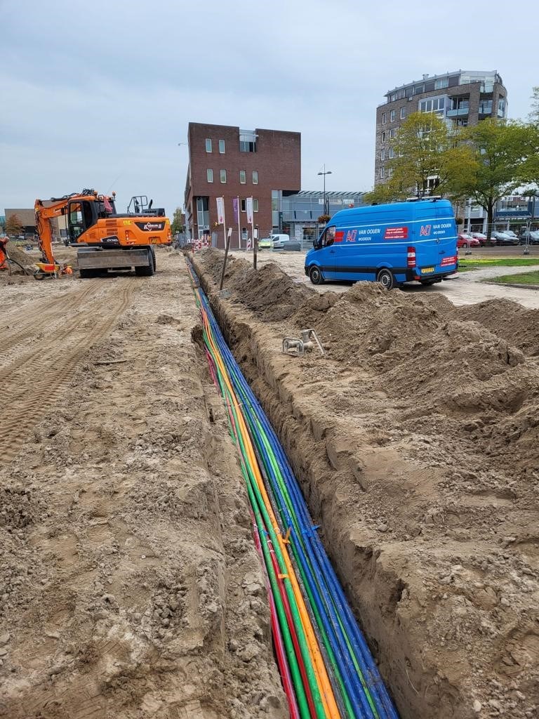 Afbeelding van een gegraven sleuf waarin verschillend gekleurde kabels liggen.
